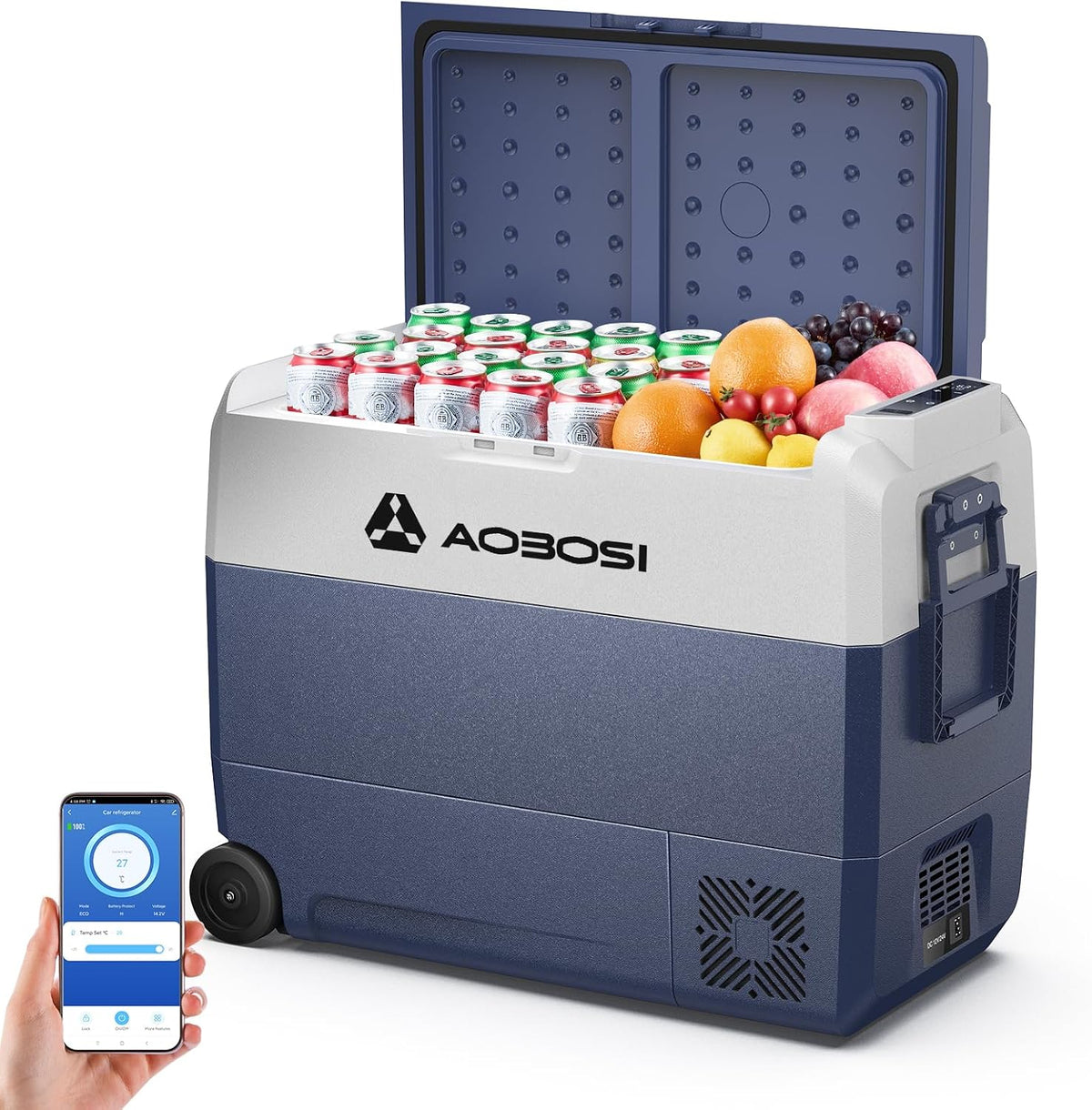 AAOBOSI Kompressor Kühlbox 60 L, 12/24 V und 100-240 V Camping Kühlschrank mit USB-Anschluss, 20°C bis 20°C für Auto, Kühlbox Auto Mit APP-Steuerung