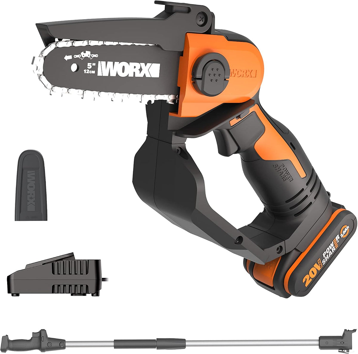 WORX Akku Mini Kettensäge 18V(MAX 20V) WG324E.1, 12 cm Führungsschiene, PowerShare, vibrationsarm, leicht und tragbar, Verlängerungsstange