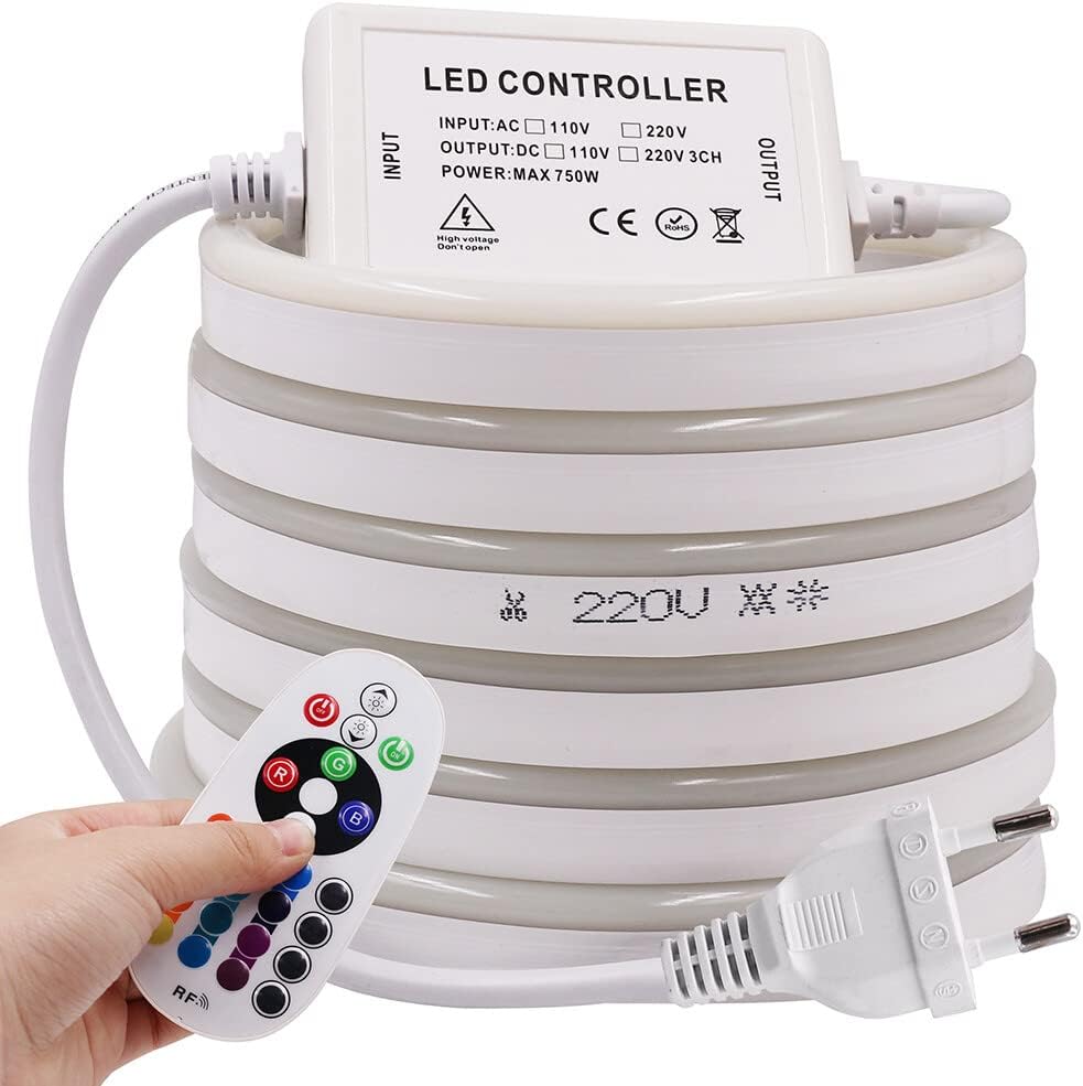 RGB Neon LED Streifen, 25M 220V 5050 Silikon Flexibler Neonstreifen, Multi-Farbwechsel Neon LED Lichtband mit 24 Tasten Fernbedienung und 750W RGB