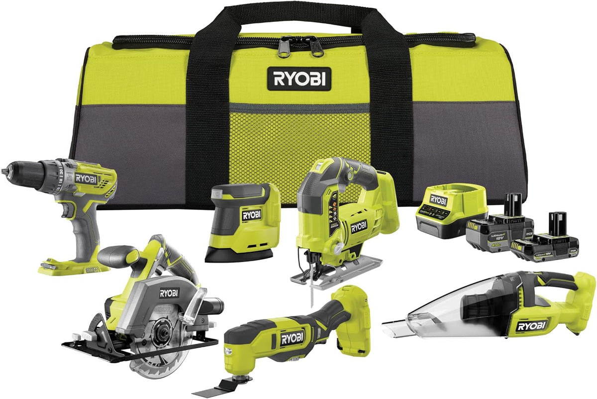RYOBI 18 V ONE+ 10-tlg, Akku-Combo-Kit mit Schlagbohrschrauber, Maschinenset für Heimwerker, Stichsäge & mehr, inkl, Akkus, Ladegerät & Werkzeugtasche
